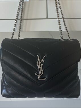 YSL Black Loulou Chevron Quilted Shoulder Bag with Silver Hardware